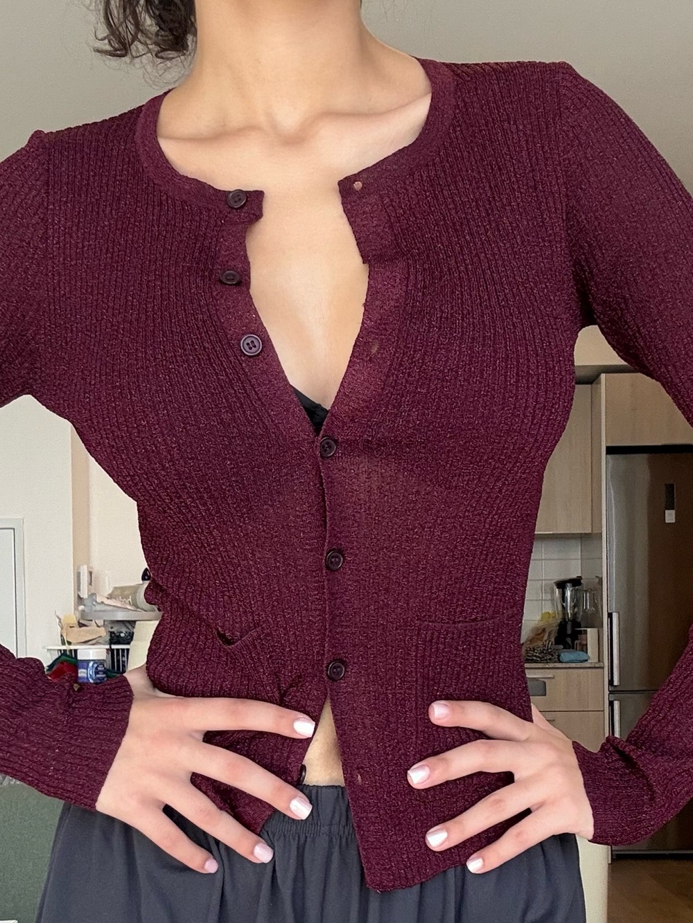 Zara Maroon Ribbed Button-Up Cardigan